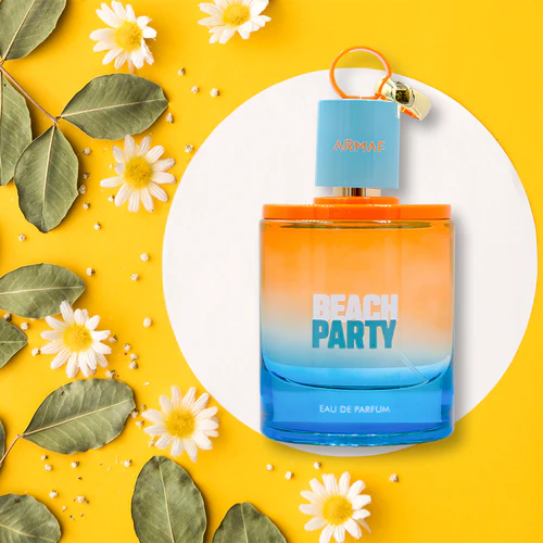 Perfume bottle labeled 'Beach Party' by Armaf on a yellow background with flowers and leaves.