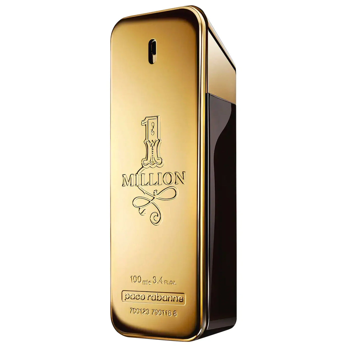 Gold '1 Million' perfume bottle by Paco Rabanne on a white background