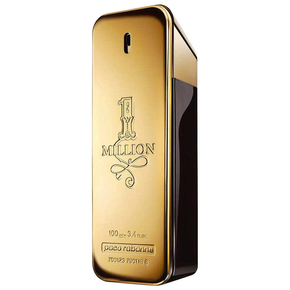 Gold '1 Million' perfume bottle by Paco Rabanne on a white background