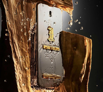 Luxury perfume with gold accents and brand logo emerging from wooden block