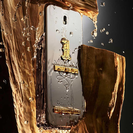 Luxury perfume with gold accents and brand logo emerging from wooden block