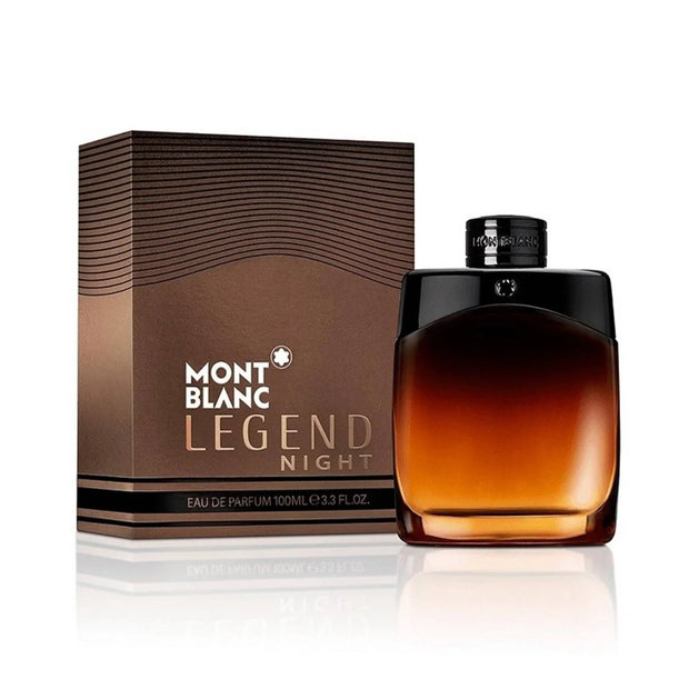Mont Blanc Legend Night perfume bottle and packaging on a white background