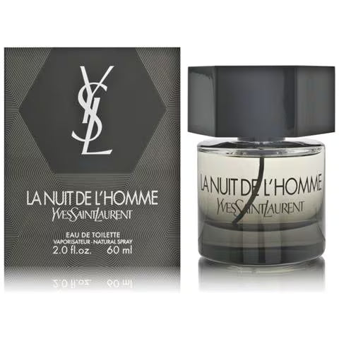 YSL La Nuit de L'Homme perfume bottle and packaging on a white background