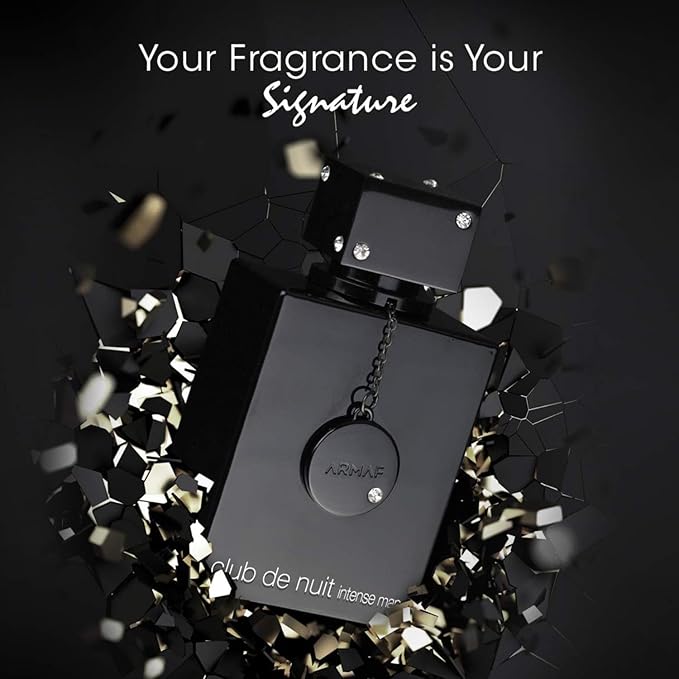 Black Armaf perfume bottle with decorative elements on a dark background