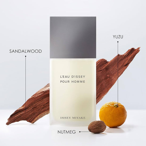 Issey Miyake Leau Dissey Pour Homme perfume bottle with sandalwood, yuzu, and nutmeg elements on a white background