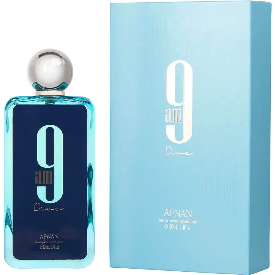 Afnan '9 am Dive' perfume bottle and packaging on a aqua background