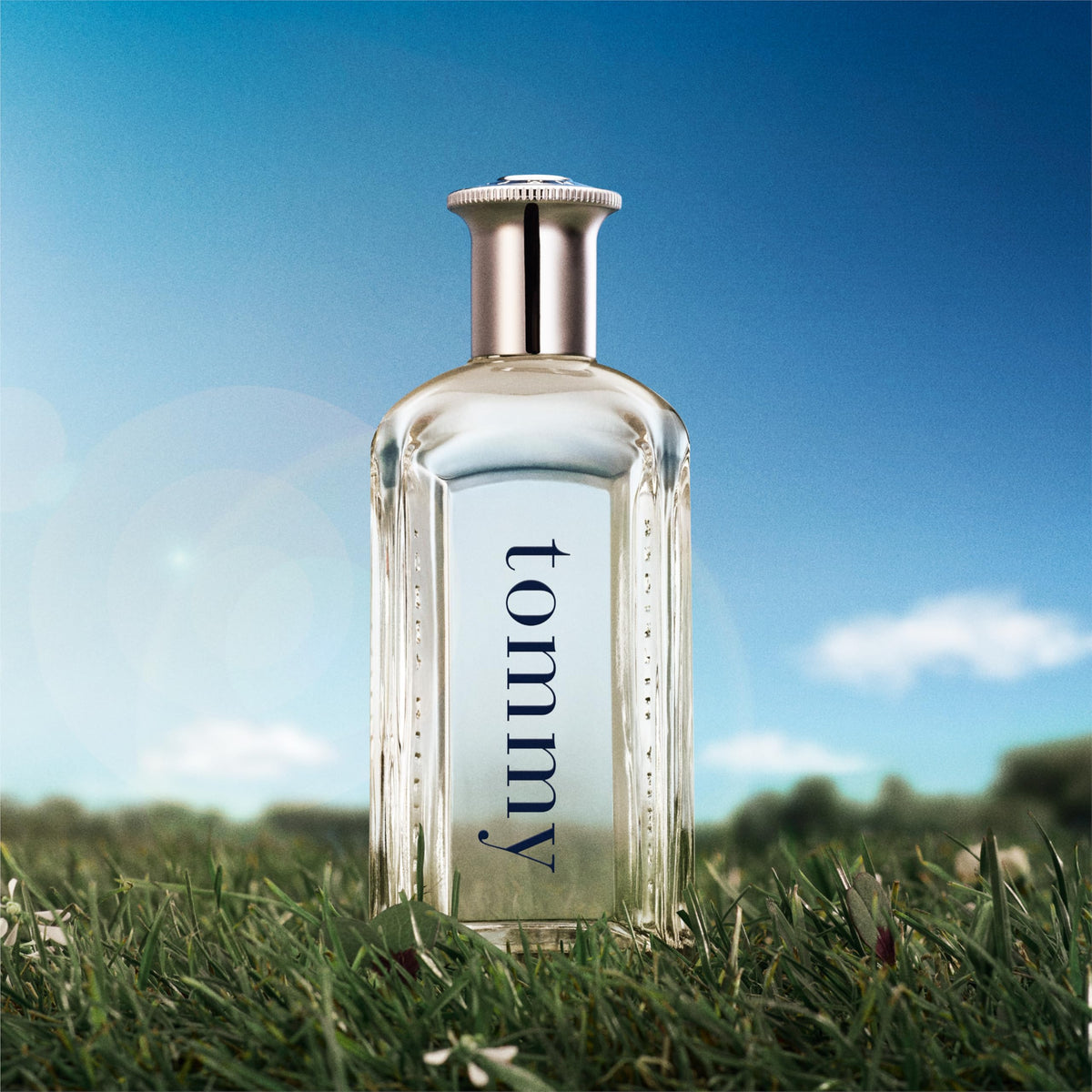 Tommy Hilfiger perfume bottle on grass with a blue sky background