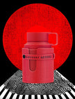 Pink water bottle with 'Odyssey Artisto' branding against a red circular background