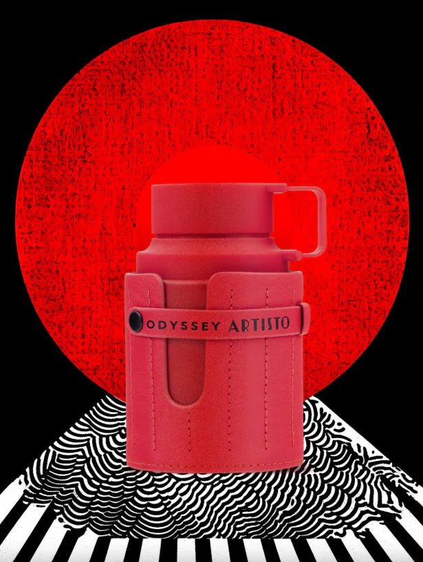 Pink water bottle with 'Odyssey Artisto' branding against a red circular background