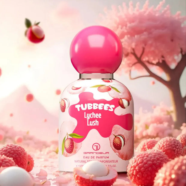Bottle of TUBBEEs Lychee Lush perfume with lychees in the background. Kids perfume.