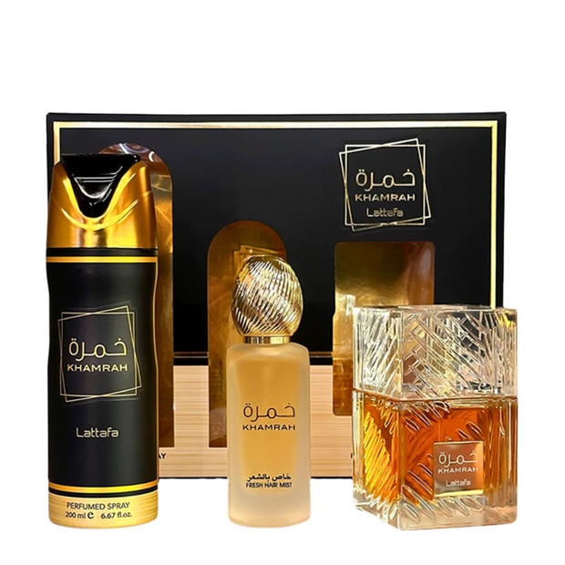 Khamrah 3 PCS Set 3.4 oz EDP + 6.8 oz Deo + Hair Mist EDP Unisex