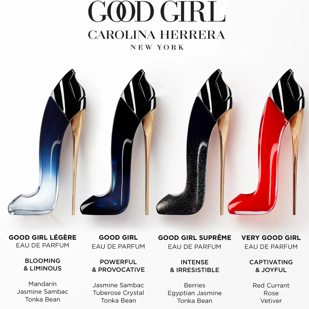 Carolina Herrera Good Girl perfume bottles with descriptions of scents on a white background