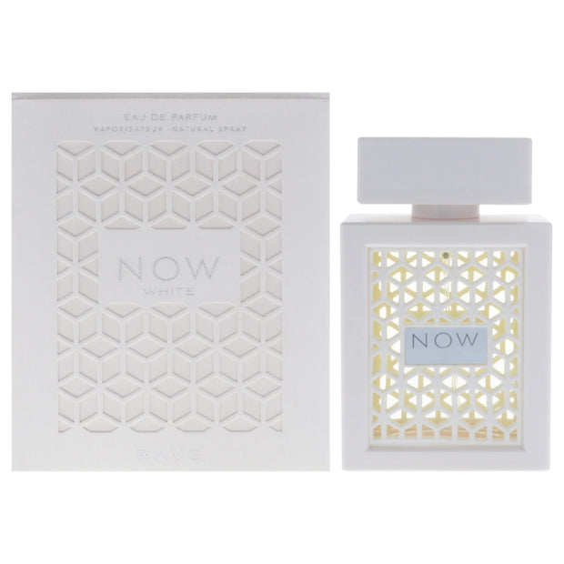 White perfume bottle and packaging with geometric patterns on a white background