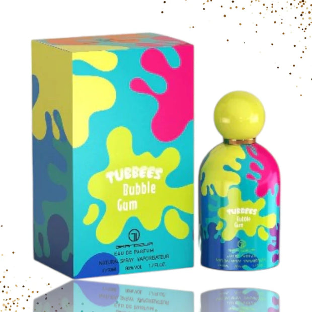 Colorful perfume bottle and packaging with 'Bubble Gum' design on a white background. Kids perfume