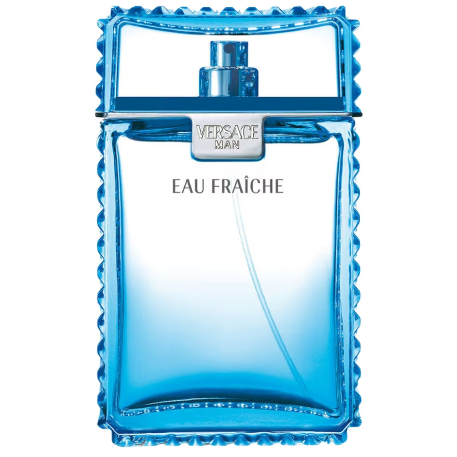 Blue Versace Man Eau Fraçèche perfume bottle on a white background