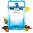 Blue Versace Man Eau Fraçèche perfume bottle with botanical elements on a white background