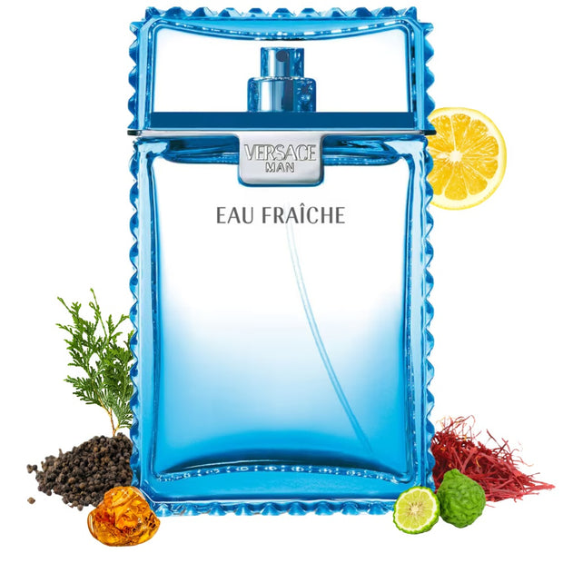 Blue Versace Man Eau Fraçèche perfume bottle with botanical elements on a white background