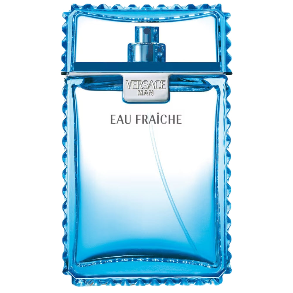 Blue Versace Man Eau Fraçèche perfume bottle on a white background
