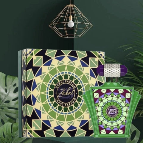 Zalat Parfum bottle and packaging with geometric design on a dark green background