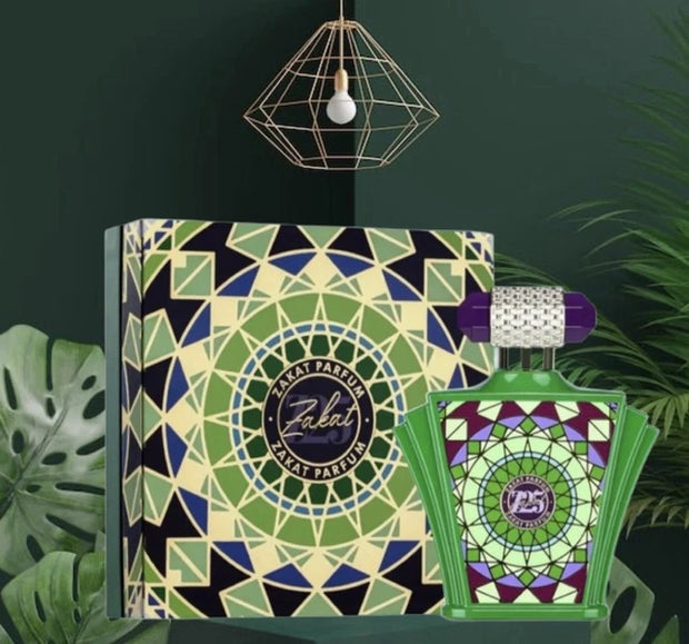 Zalat Parfum bottle and packaging with geometric design on a dark green background