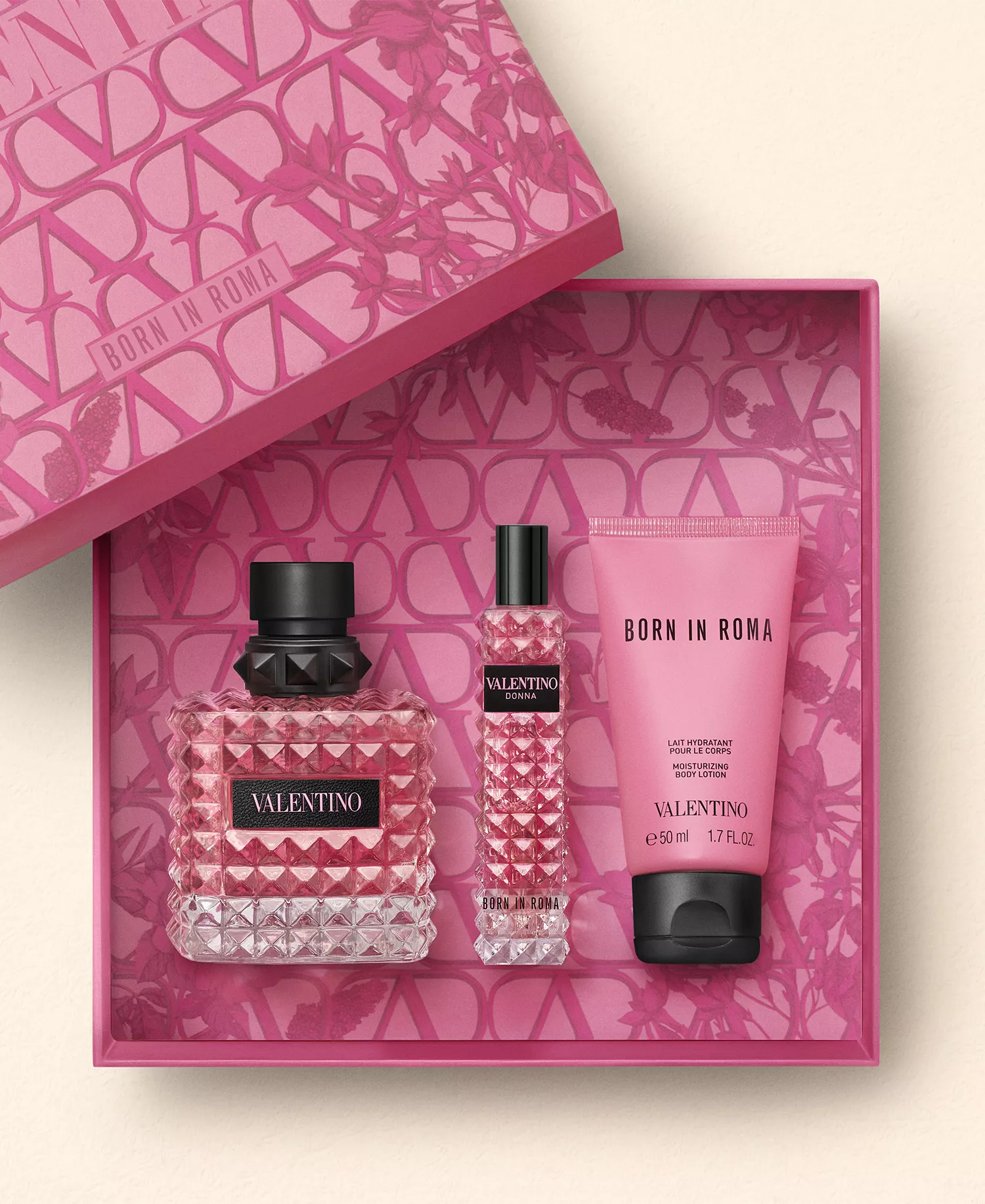 Donna Born In Roma 3 Piece Gift Set – 3.4 oz EDP + 0.5 oz EDP + 1.7 oz Body Lotion for Women