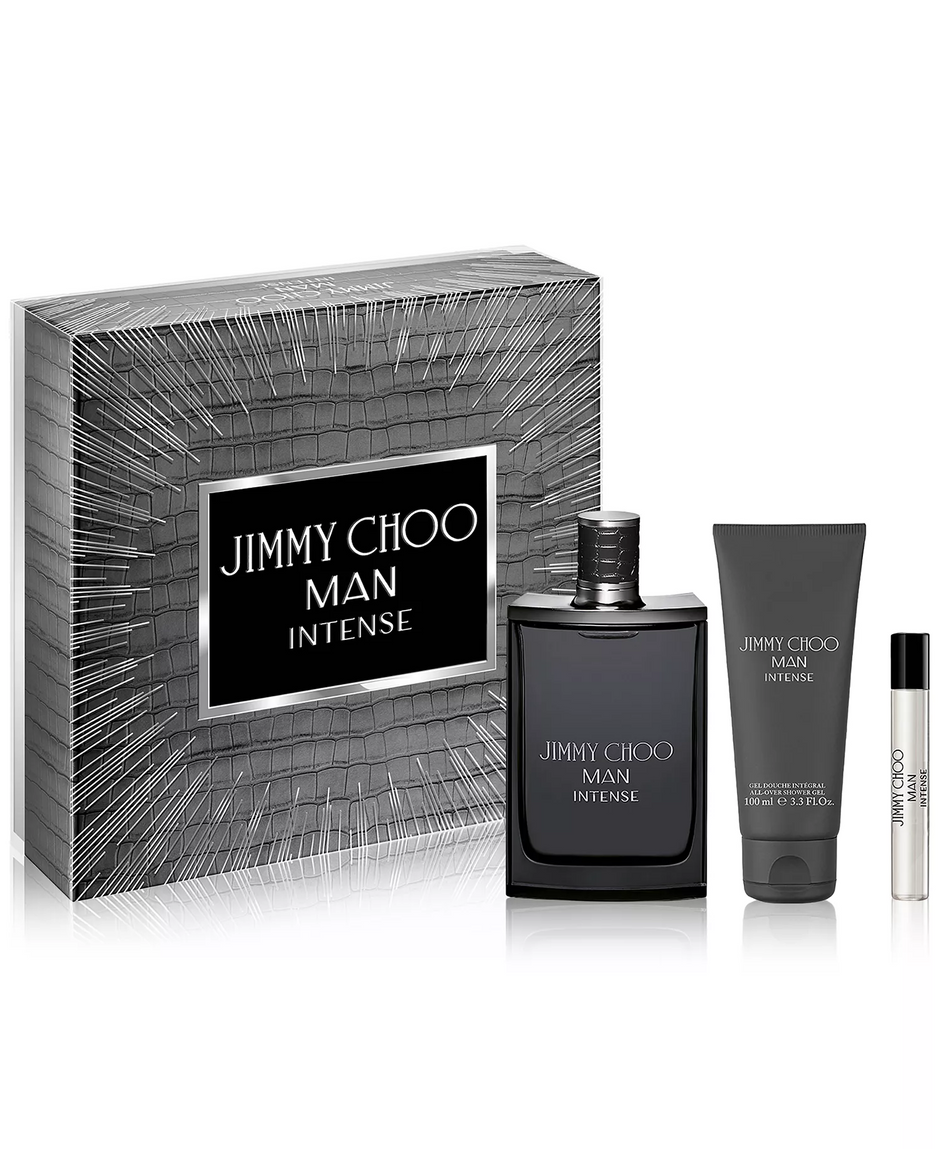 Jimmy Choo Man Intense 3 Piece Gift Set – 3.3 oz EDT + 0.25 oz EDT + 3.3 oz Shower Gel for Men