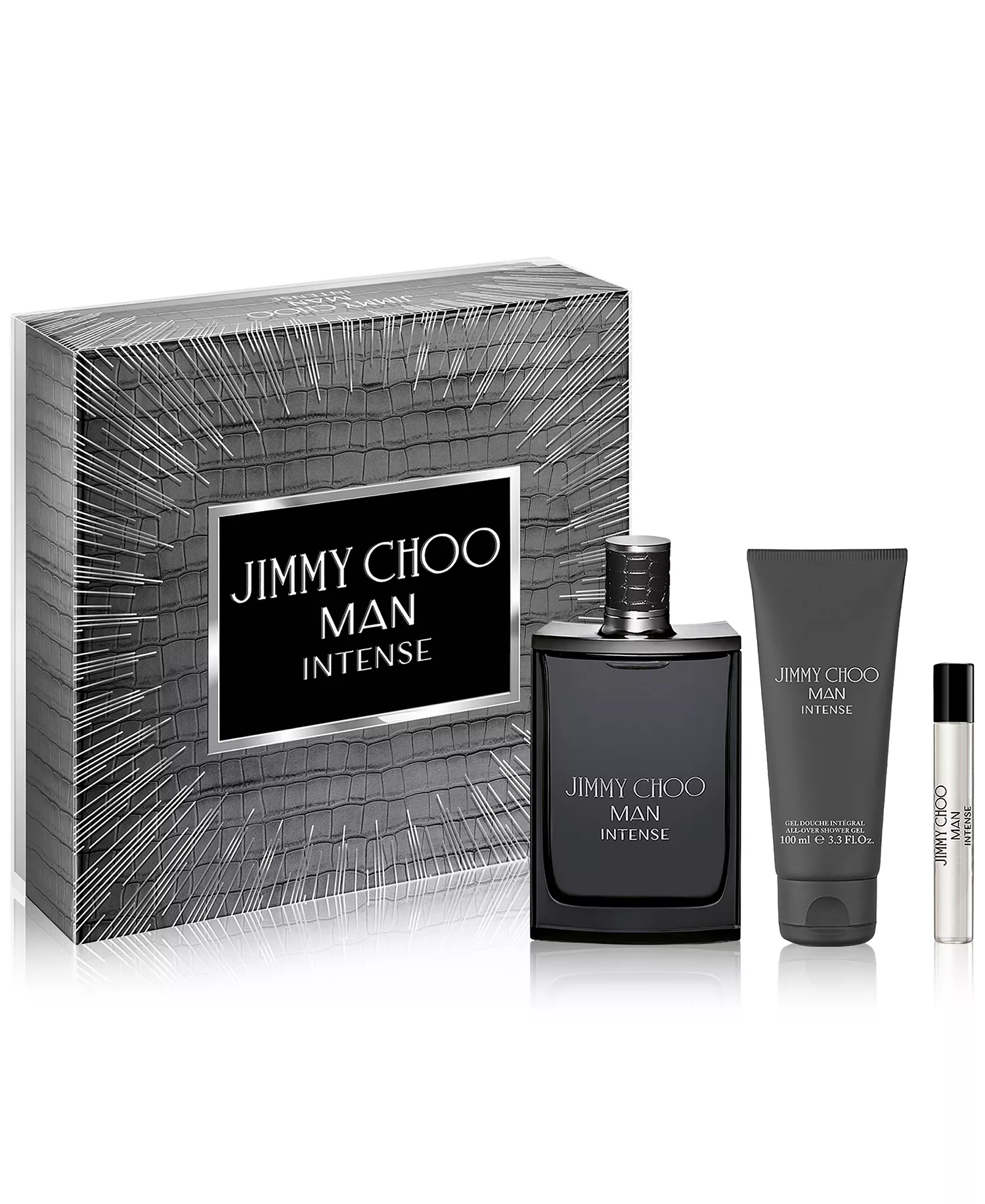 Jimmy Choo Man Intense 3 Piece Gift Set – 3.3 oz EDT + 0.25 oz EDT + 3.3 oz Shower Gel for Men