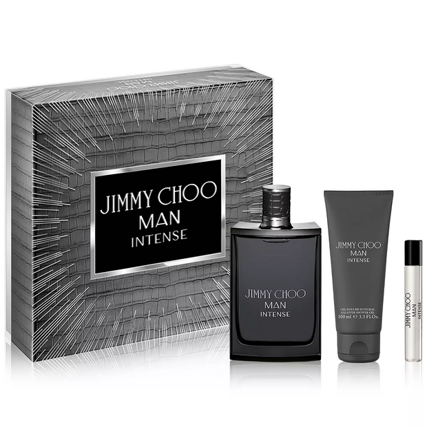 Jimmy Choo Man Intense 3 Piece Gift Set – 3.3 oz EDT + 0.25 oz EDT + 3.3 oz Shower Gel for Men