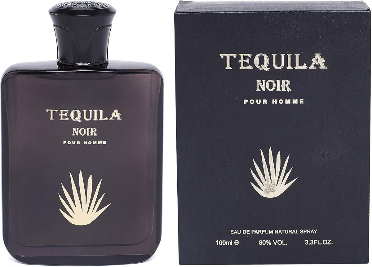 Tequila Noir Pour Homme perfume bottle and packaging on a white background