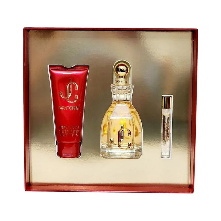 I Want Choo 3 Piece Gift Set – 3.4 oz EDP + 0.25 oz EDP + 3.3 oz Body Lotion for Women