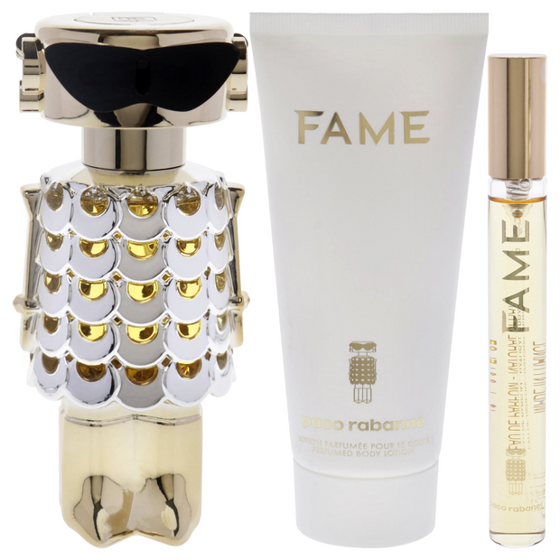 Paco Fame 3 Piece Gift Set – 2.7 oz EDP + 0.34 oz EDP + 3.4 oz Body Lotion for Women