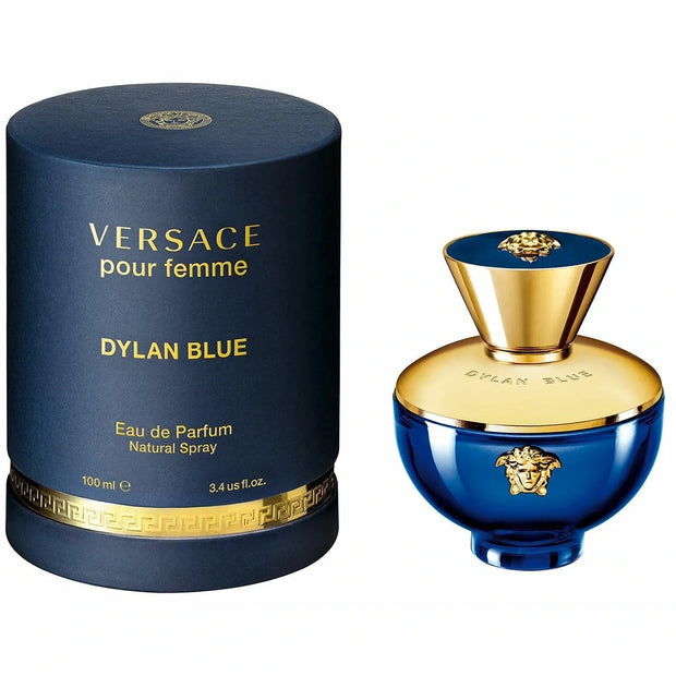 Versace Dylan Blue perfume bottle and packaging on a white background