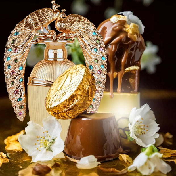 Luxury chocolate sculpture with gold accents and gemstones, surrounded by white flowers.