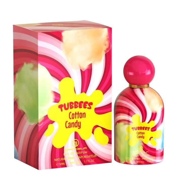 Tubbees Cotton Candy perfume bottle and packaging on a white background. Kids perfume.