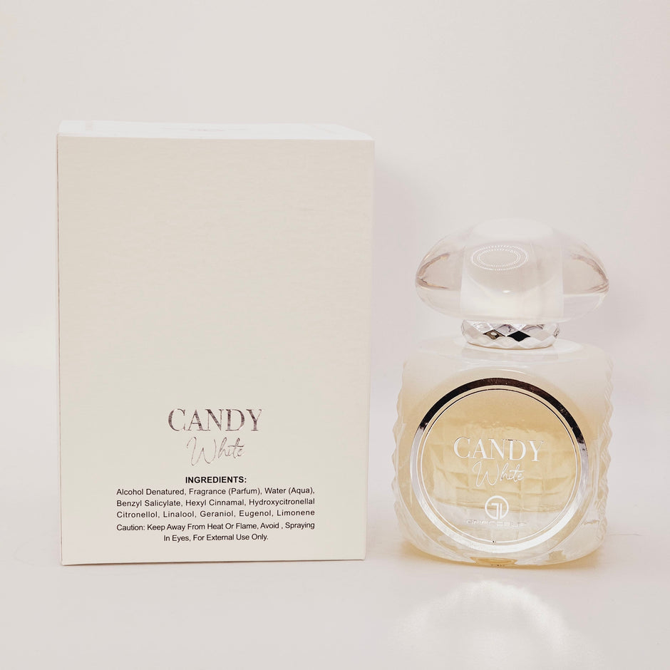 Candy perfume bottle with ingredients card on a white background