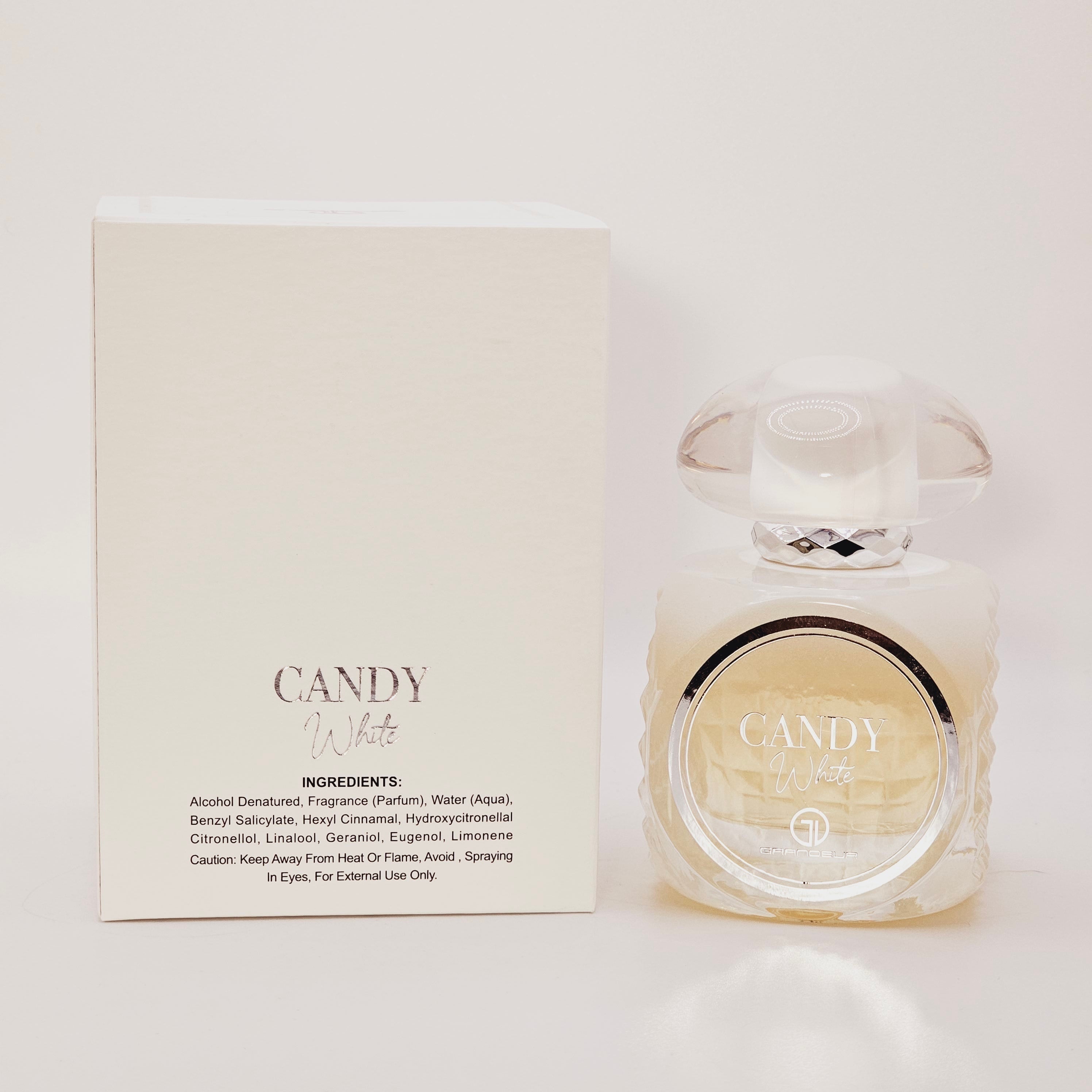 Candy perfume bottle with ingredients card on a white background