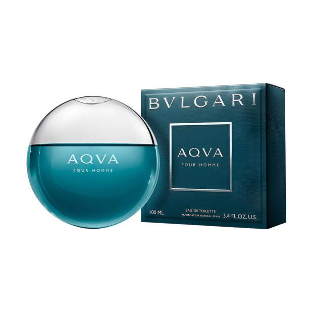 Bulgari Aqva pour Homme perfume bottle and packaging on a white background