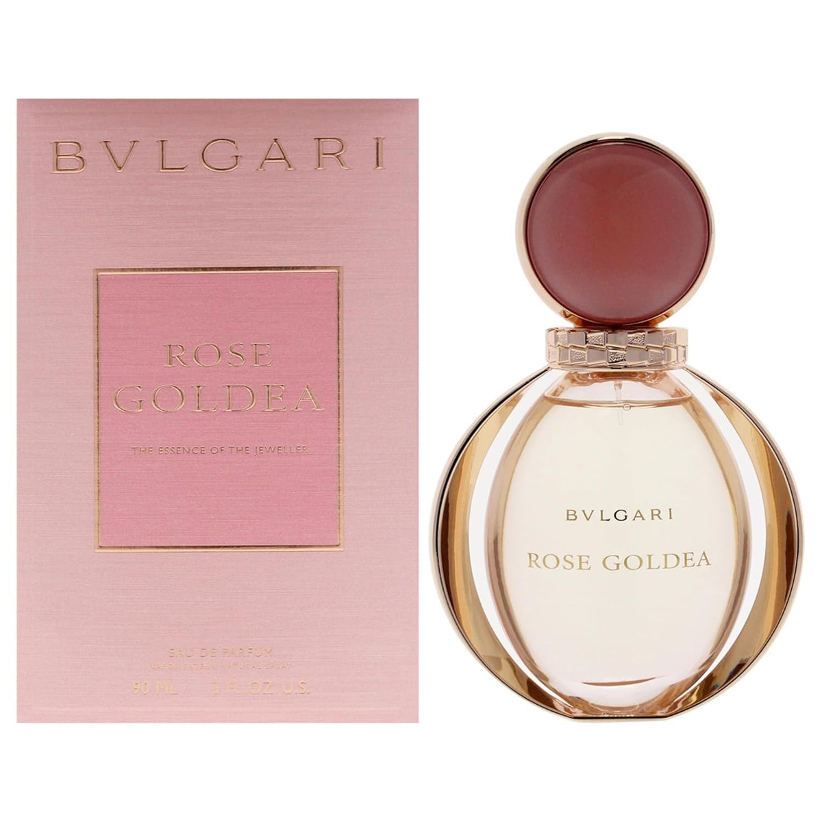 Bulgari Rose Goldea perfume bottle and packaging on a white background