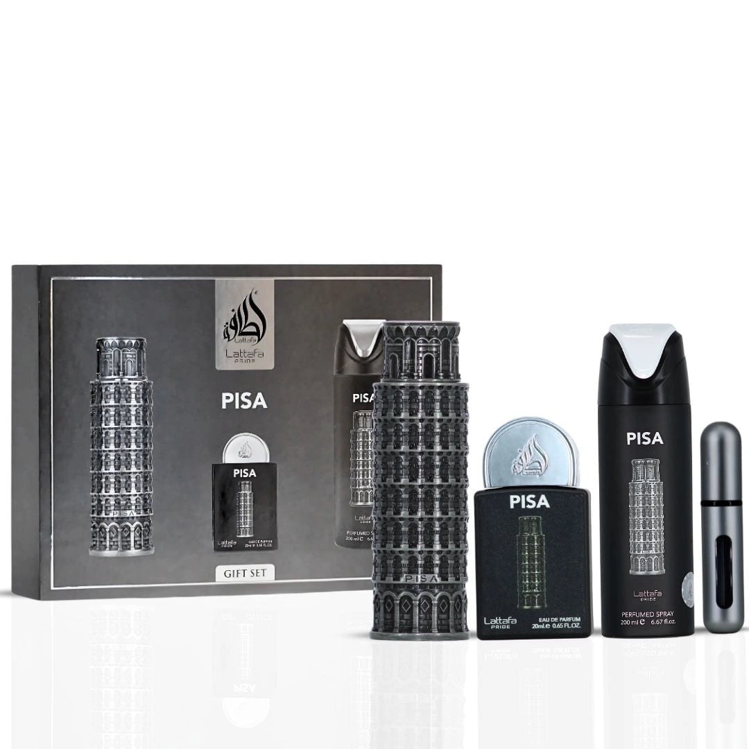 Lattafa Pride Pisa 3 Piece Gift Set for Men 3.4 oz EDP + 20 ml EDP + 6.7 oz Deodorant Spray