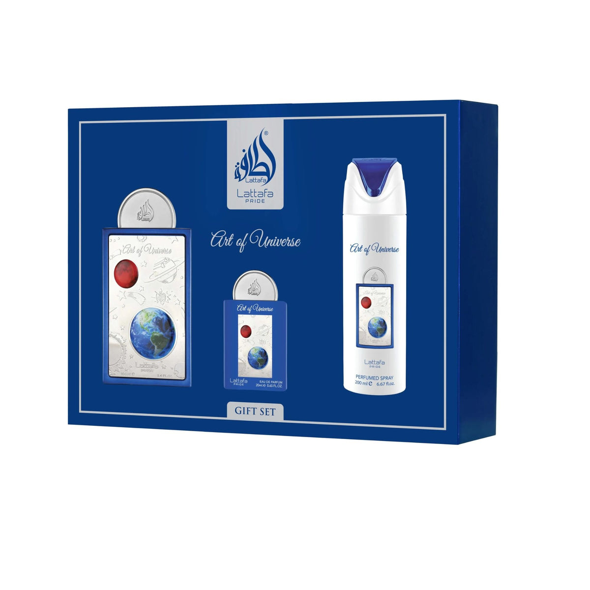 Lattafa Art of Universe 3 Piece Gift Set – 3.4 oz EDP + 0.67 oz EDP + 6.7 oz EDP Unisex
