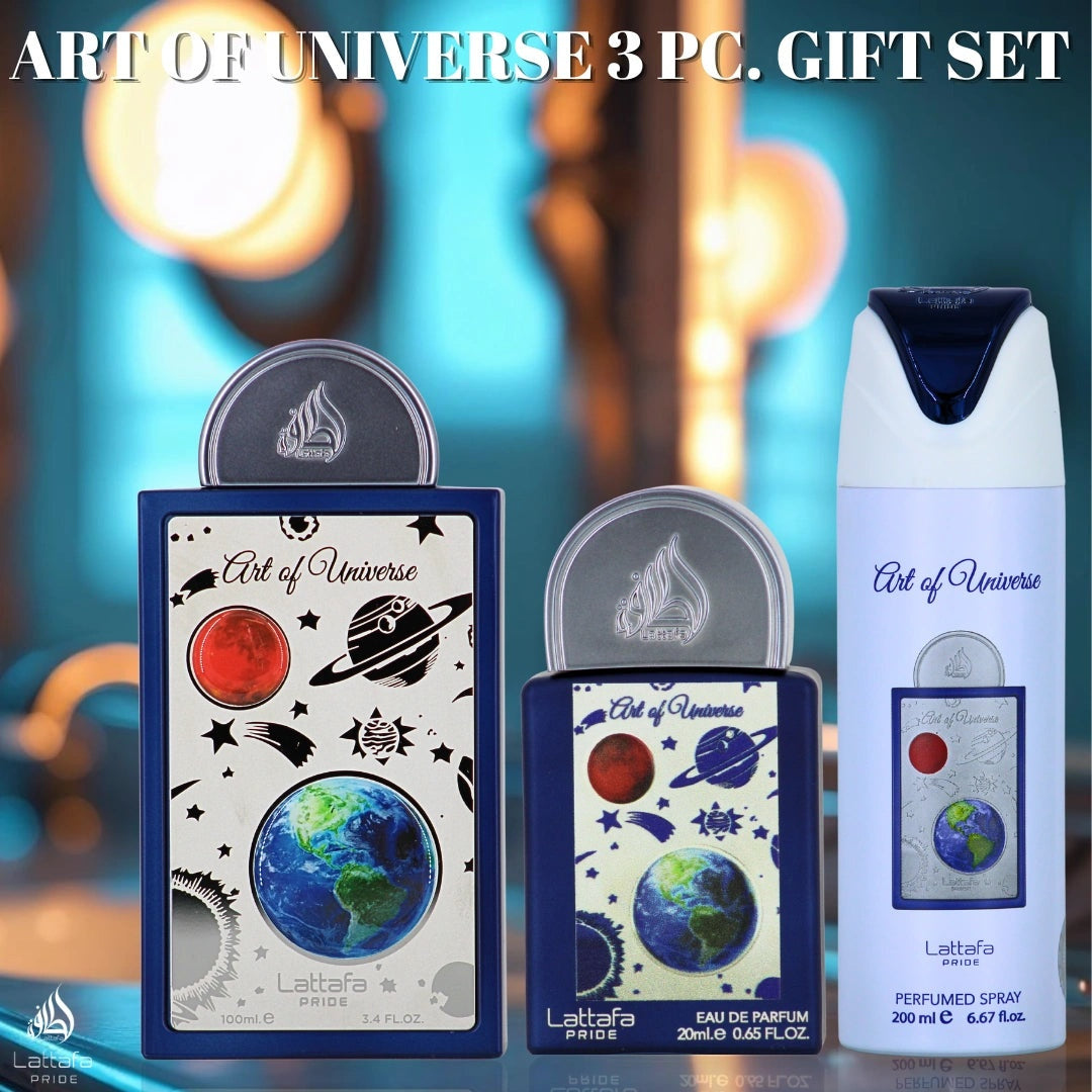 Lattafa Art of Universe 3 Piece Gift Set – 3.4 oz EDP + 0.67 oz EDP + 6.7 oz EDP Unisex
