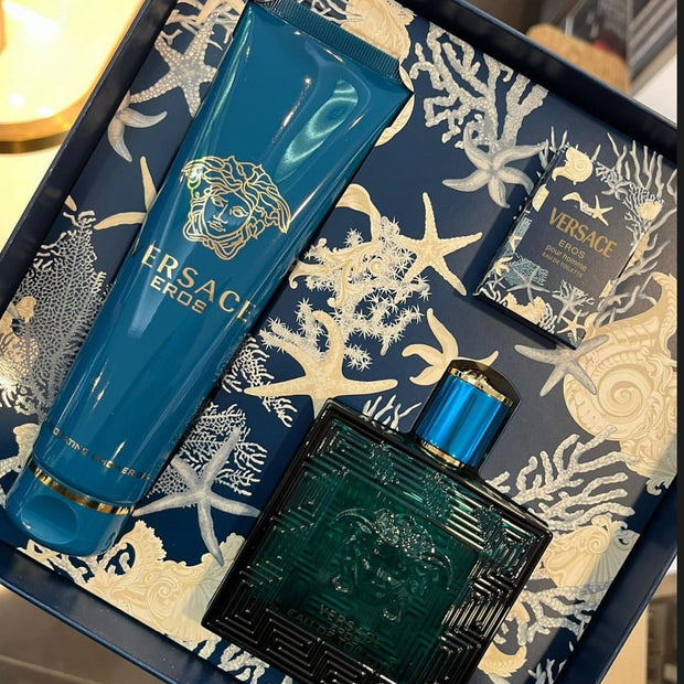 Versace Eros 3 Piece Gift Set – 3.4 oz EDT Spray + 0.17 oz Mini EDT + 5.0 oz Shower Gel Men