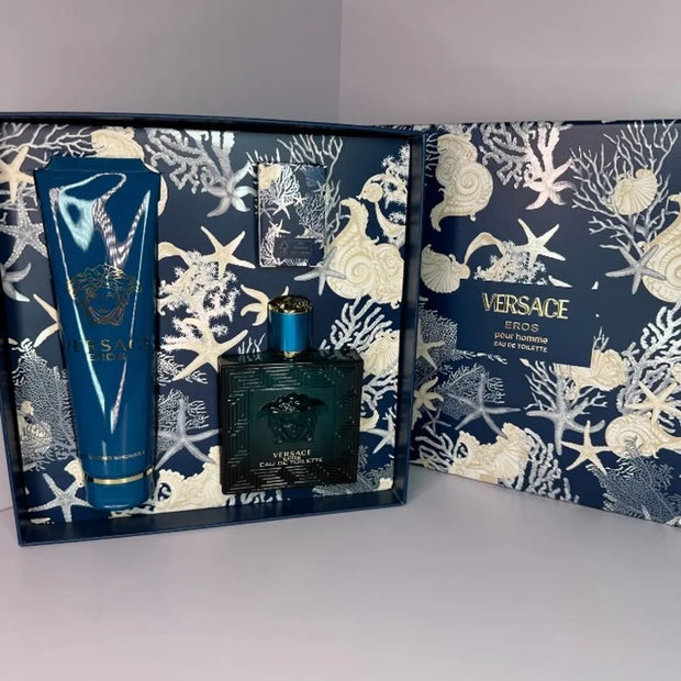 Versace Eros 3 Piece Gift Set – 3.4 oz EDT Spray + 0.17 oz Mini EDT + 5.0 oz Shower Gel Men
