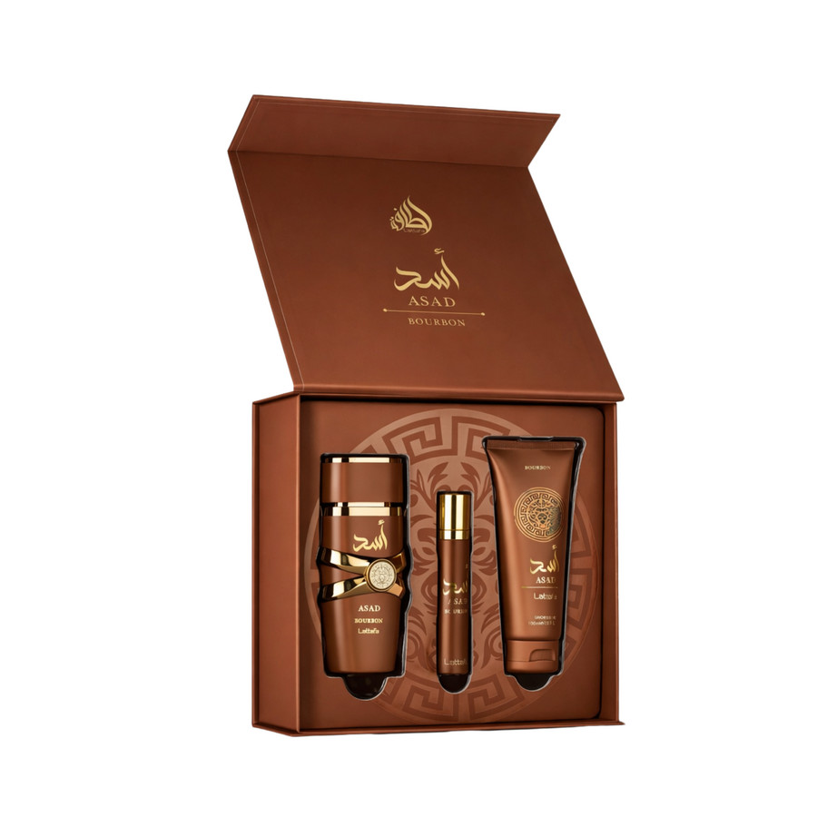 Asad Bourbon 3 PCS Set 3.4 oz EDP + 0.4 oz Travel Spray + 3.4 oz Shower Gel for Men