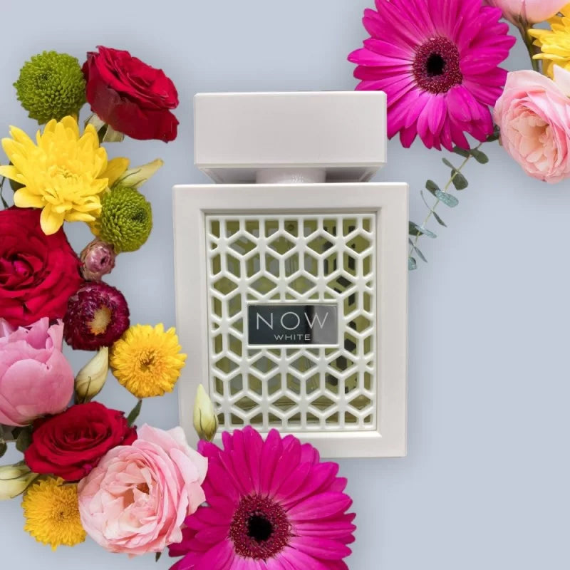 White perfume bottle labeled 'NOW White' surrounded by colorful flowers on a light blue background