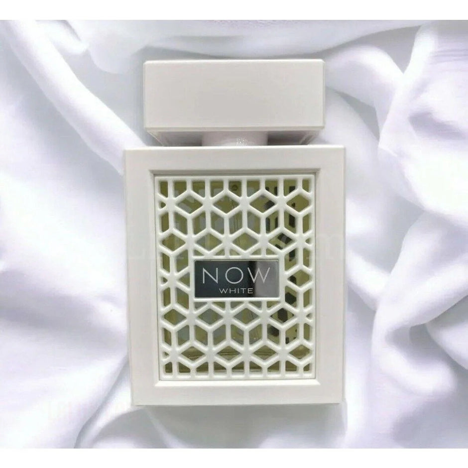 White perfume bottle with geometric design on a white background