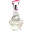 Clear perfume bottle with pink cap on a white background
