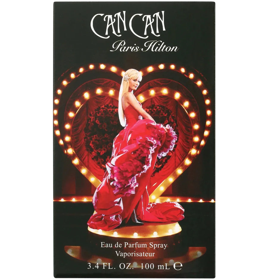 Parfum packaging featuring a woman in a red dress with 'Can Can' branding.