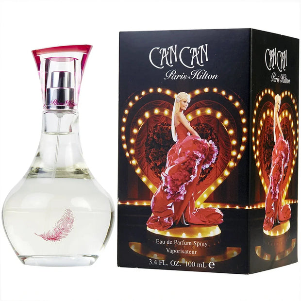 Can Can Paris Hilton perfume bottle and packaging on a white background
