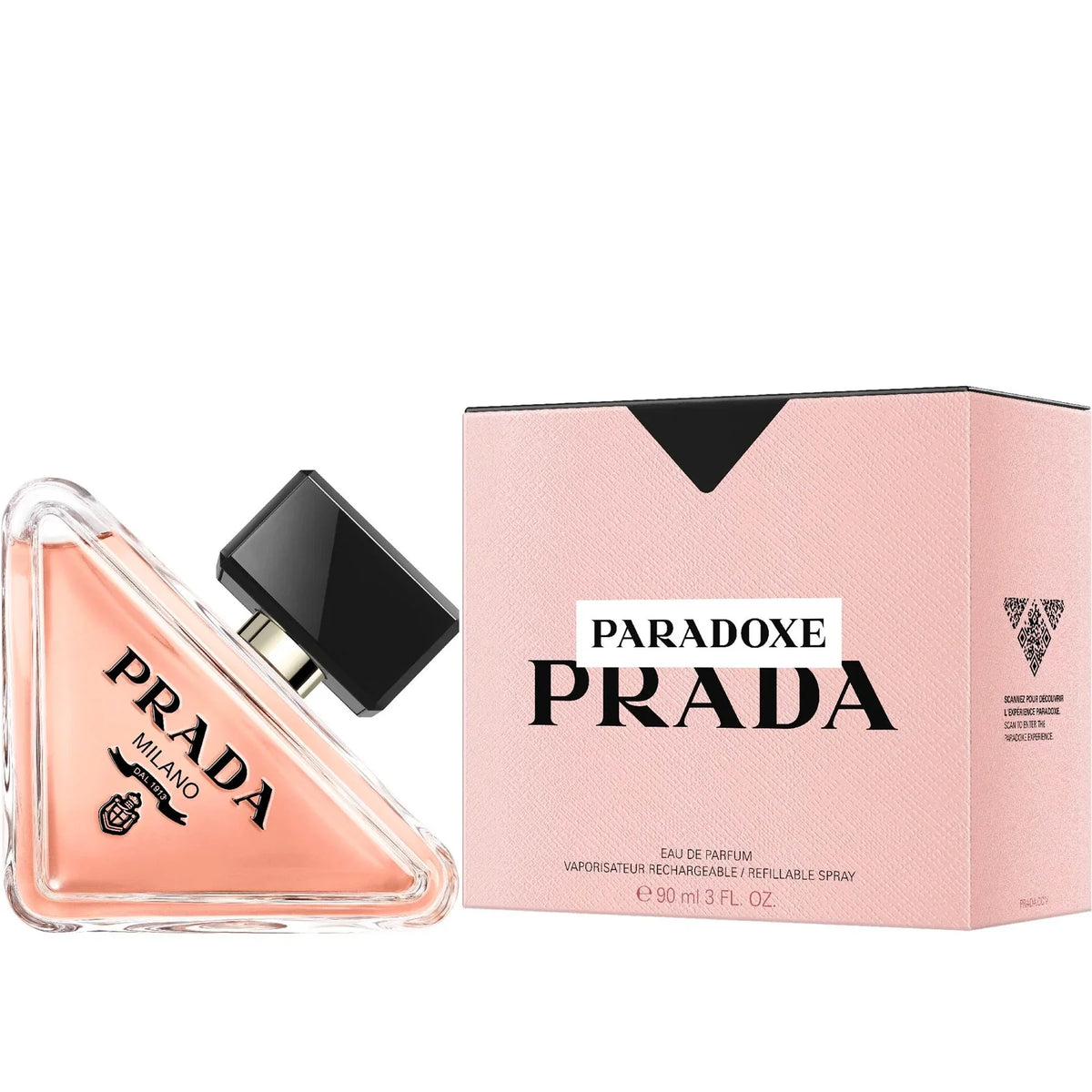 Prada Paradoxe perfume bottle and packaging on a white background